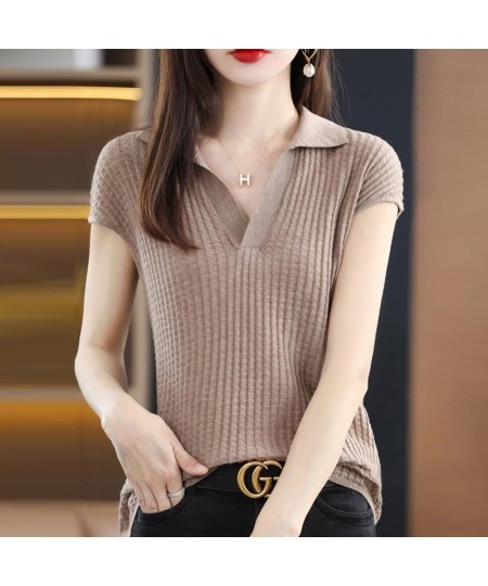 2022 Spring and Summer New Cashmere Sweater Polo collar Women's Short sleev Knitted Sweater Loose Thin Pullover Short-Sleeved...