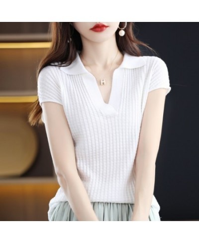 2022 Spring and Summer New Cashmere Sweater Polo collar Women's Short sleev Knitted Sweater Loose Thin Pullover Short-Sleeved...