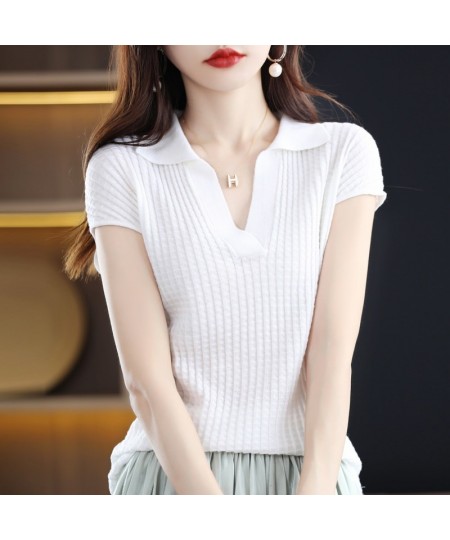 2022 Spring and Summer New Cashmere Sweater Polo collar Women's Short sleev Knitted Sweater Loose Thin Pullover Short-Sleeved...