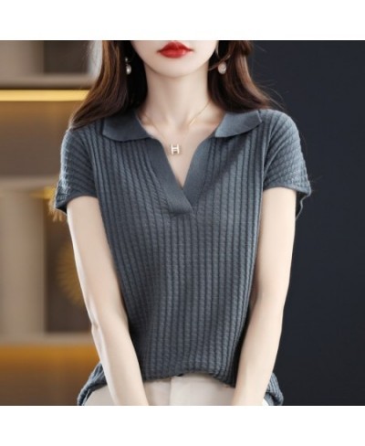 2022 Spring and Summer New Cashmere Sweater Polo collar Women's Short sleev Knitted Sweater Loose Thin Pullover Short-Sleeved...