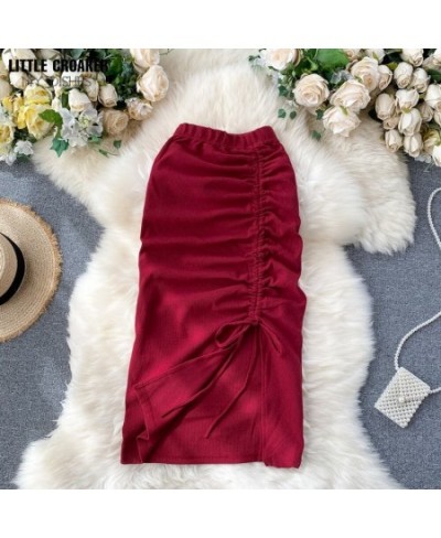 Ladies Midi 2022 New High Split Simple Solid All-match Design Drawstring Pleated Retro Midi Office Lady Elegant Split Skirts ...