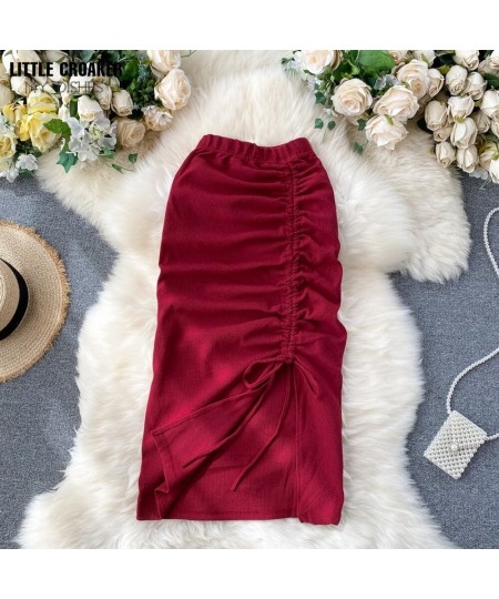 Ladies Midi 2022 New High Split Simple Solid All-match Design Drawstring Pleated Retro Midi Office Lady Elegant Split Skirts ...