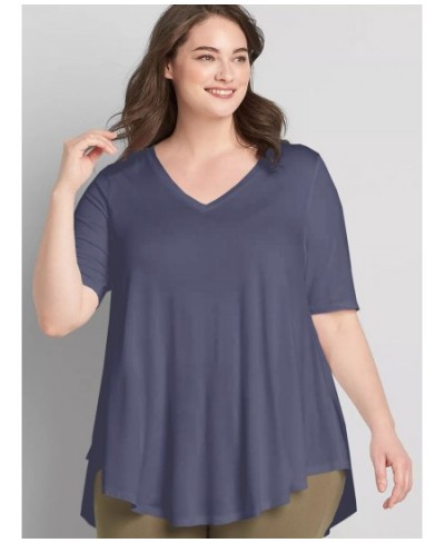 Plus Size V-neck Summer Casual Hi Low Tunic Tops Women Short Sleeve Solid Purple Loose Fit Flare Basic Swing Blouse And Top 7...