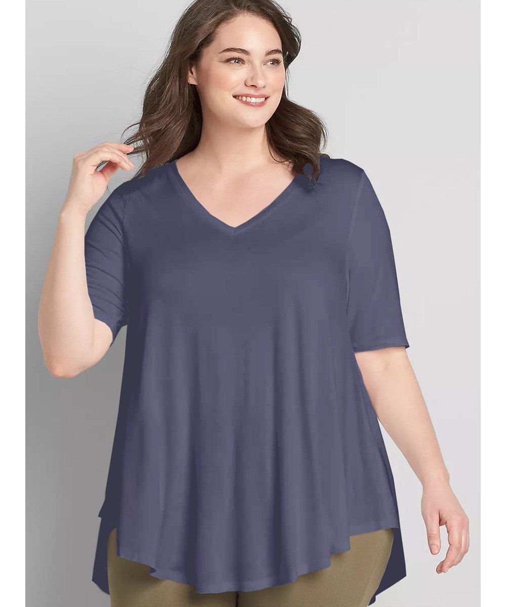 Plus Size V-neck Summer Casual Hi Low Tunic Tops Women Short Sleeve Solid Purple Loose Fit Flare Basic Swing Blouse And Top 7...