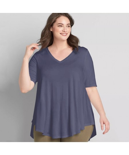 Plus Size V-neck Summer Casual Hi Low Tunic Tops Women Short Sleeve Solid Purple Loose Fit Flare Basic Swing Blouse And Top 7...