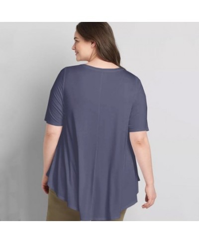 Plus Size V-neck Summer Casual Hi Low Tunic Tops Women Short Sleeve Solid Purple Loose Fit Flare Basic Swing Blouse And Top 7...