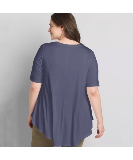 Plus Size V-neck Summer Casual Hi Low Tunic Tops Women Short Sleeve Solid Purple Loose Fit Flare Basic Swing Blouse And Top 7...