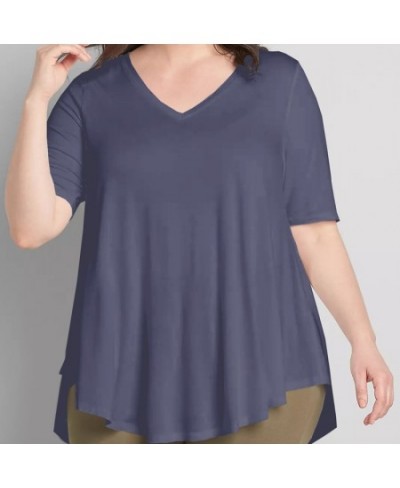 Plus Size V-neck Summer Casual Hi Low Tunic Tops Women Short Sleeve Solid Purple Loose Fit Flare Basic Swing Blouse And Top 7...