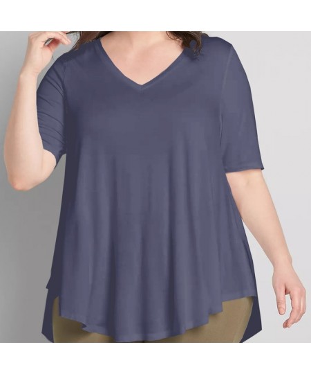 Plus Size V-neck Summer Casual Hi Low Tunic Tops Women Short Sleeve Solid Purple Loose Fit Flare Basic Swing Blouse And Top 7...