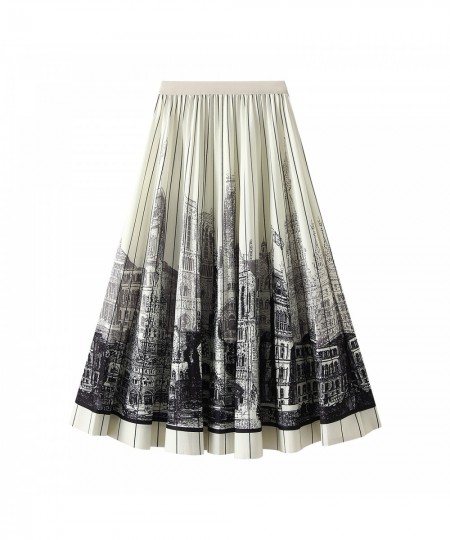 Women’s Pleated Midi Skirt Vintage Elastic Waist City Print Loose Swing A-Line Skirt $31.71 - Skirts