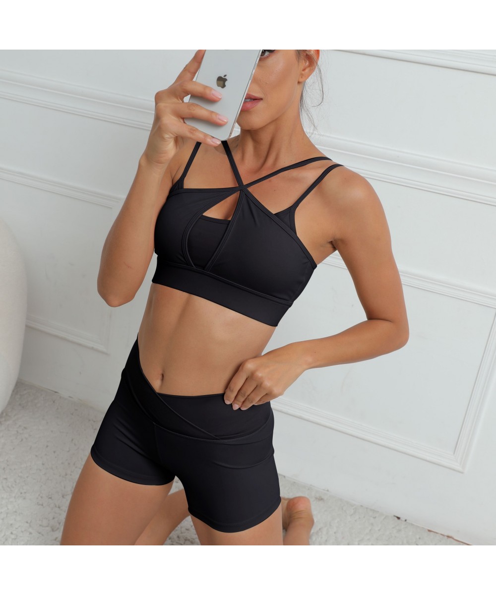 Women Double Shoulder Strap Two Piece Yoga Set Fitness Sports Running Bras Shorts Casual Tracksuit Gym Sportswear Workout Sui...