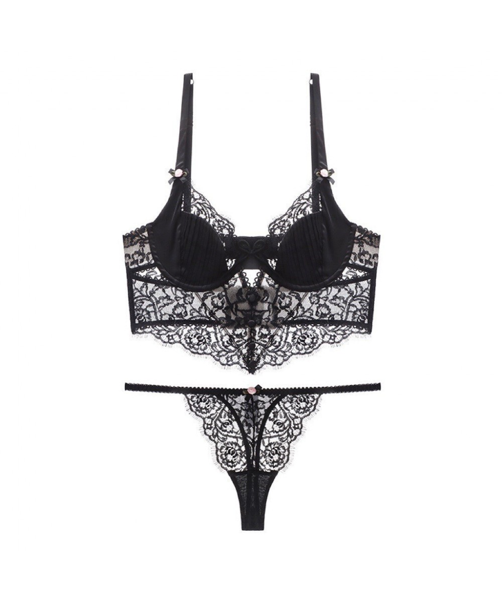 Sexy Camis Set With Thongs Women Eyelash Lace Decoration Underwired Unlined Sexy Lingerie Set For Women $39.29 - Underwear