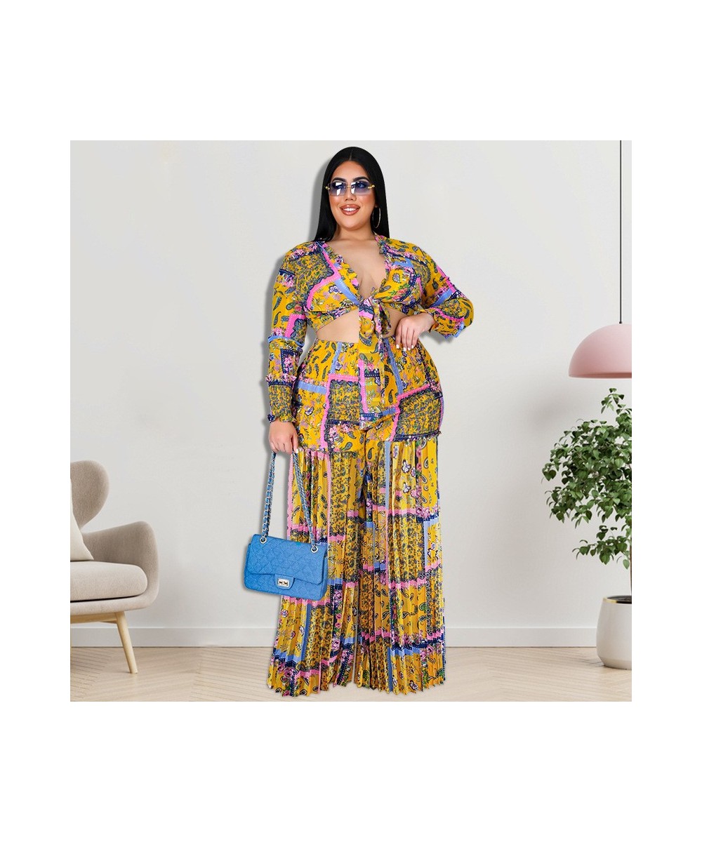 Plus Size Women Clothing 2023 Autumn Pleated Two Piece Suit Big Size 2 Piece Set Women Crop Top And Pants Plus Size Outfits 5...