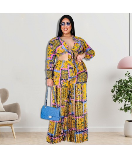 Plus Size Women Clothing 2023 Autumn Pleated Two Piece Suit Big Size 2 Piece Set Women Crop Top And Pants Plus Size Outfits 5...