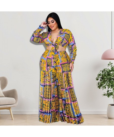 Plus Size Women Clothing 2023 Autumn Pleated Two Piece Suit Big Size 2 Piece Set Women Crop Top And Pants Plus Size Outfits 5...