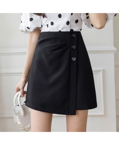 Asymmetrical High Waist Mini Skirt Women Summer Fashion Folds Button A-line Short Skirts Black/White Office Lady Elegant Skir...