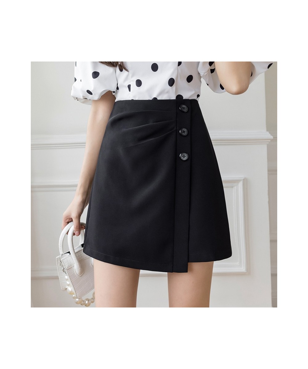 Asymmetrical High Waist Mini Skirt Women Summer Fashion Folds Button A-line Short Skirts Black/White Office Lady Elegant Skir...