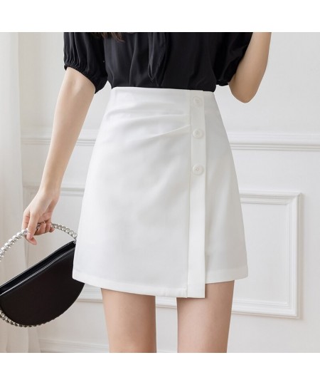 Asymmetrical High Waist Mini Skirt Women Summer Fashion Folds Button A-line Short Skirts Black/White Office Lady Elegant Skir...