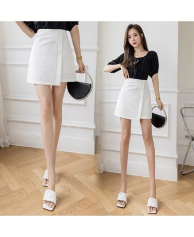 Asymmetrical High Waist Mini Skirt Women Summer Fashion Folds Button A-line Short Skirts Black/White Office Lady Elegant Skir...