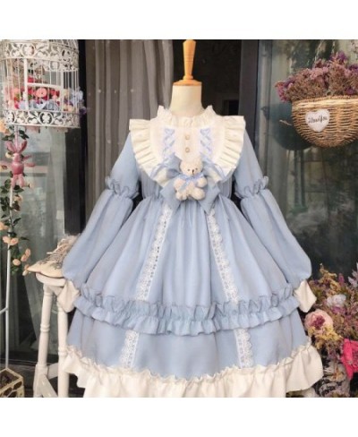 Autumn Winter Lolita Skirt Female Gothic Lolita Dress Bow Bear Lace Khaki Blue Dress Women Princess Kawaii Dress For Girls $5...