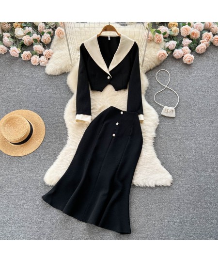 Office Ladies Black White Elegant Skirts Outfits Korean Business Short Blazers and High Waist Chic Trumpet Dress Two Piece Se...