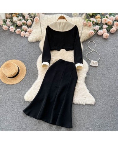 Office Ladies Black White Elegant Skirts Outfits Korean Business Short Blazers and High Waist Chic Trumpet Dress Two Piece Se...