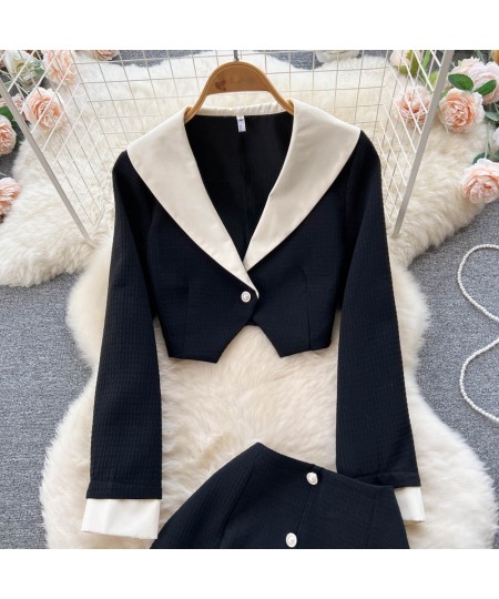 Office Ladies Black White Elegant Skirts Outfits Korean Business Short Blazers and High Waist Chic Trumpet Dress Two Piece Se...