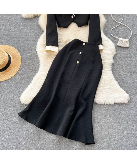 Office Ladies Black White Elegant Skirts Outfits Korean Business Short Blazers and High Waist Chic Trumpet Dress Two Piece Se...