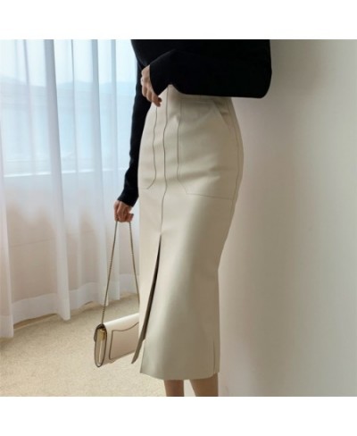 Women Sexy Front Split PU Leather Skirts High Waist Skirt Female Pockets Package Hip New 2023 Spring Zipper Midi Pencil Skirt...