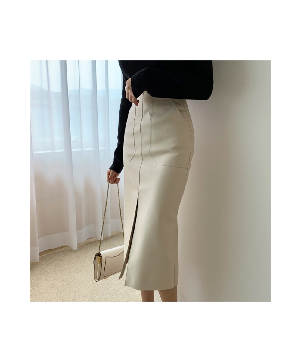 Women Sexy Front Split PU Leather Skirts High Waist Skirt Female Pockets Package Hip New 2023 Spring Zipper Midi Pencil Skirt...