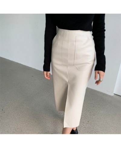 Women Sexy Front Split PU Leather Skirts High Waist Skirt Female Pockets Package Hip New 2023 Spring Zipper Midi Pencil Skirt...