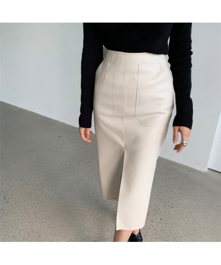 Women Sexy Front Split PU Leather Skirts High Waist Skirt Female Pockets Package Hip New 2023 Spring Zipper Midi Pencil Skirt...