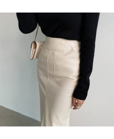 Women Sexy Front Split PU Leather Skirts High Waist Skirt Female Pockets Package Hip New 2023 Spring Zipper Midi Pencil Skirt...