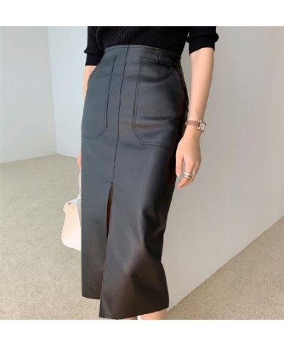 Women Sexy Front Split PU Leather Skirts High Waist Skirt Female Pockets Package Hip New 2023 Spring Zipper Midi Pencil Skirt...