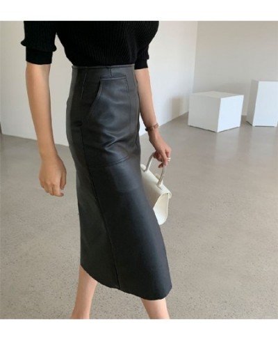 Women Sexy Front Split PU Leather Skirts High Waist Skirt Female Pockets Package Hip New 2023 Spring Zipper Midi Pencil Skirt...