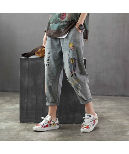 Korea Fashion Spring Women Jeans Cartoon Embroidery Loose Denim Harem Pants Elastic Waist Vintage Hole Calf-length Pants D115...