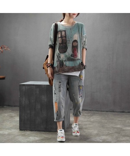 Korea Fashion Spring Women Jeans Cartoon Embroidery Loose Denim Harem Pants Elastic Waist Vintage Hole Calf-length Pants D115...