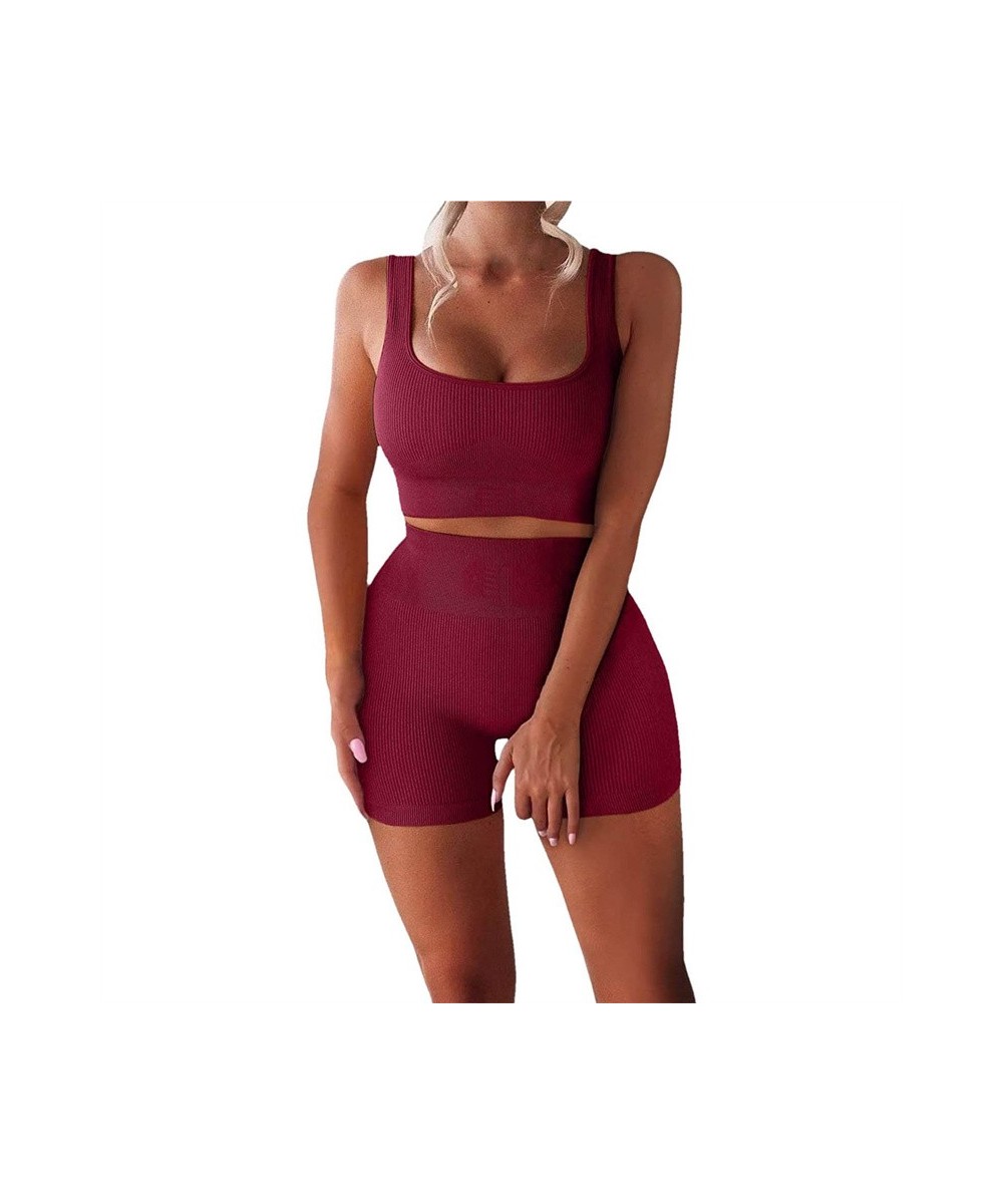 Women's Workout Set Sleeveless U Neck Crop Tank Top High Waist Shorts Elastic Ribbed Athletic Yoga Outfits $30.93 - Suits & Sets