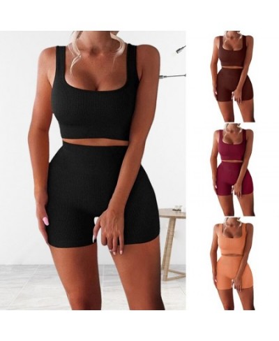 Women's Workout Set Sleeveless U Neck Crop Tank Top High Waist Shorts Elastic Ribbed Athletic Yoga Outfits $30.93 - Suits & Sets