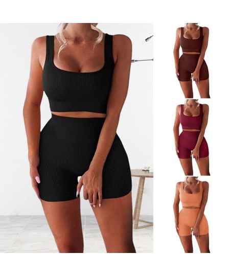 Women's Workout Set Sleeveless U Neck Crop Tank Top High Waist Shorts Elastic Ribbed Athletic Yoga Outfits $30.93 - Suits & Sets