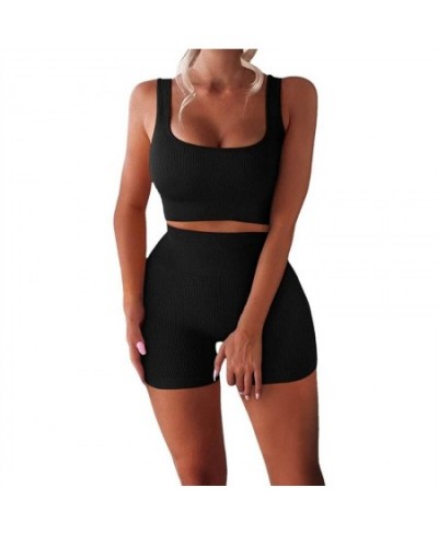 Women's Workout Set Sleeveless U Neck Crop Tank Top High Waist Shorts Elastic Ribbed Athletic Yoga Outfits $30.93 - Suits & Sets