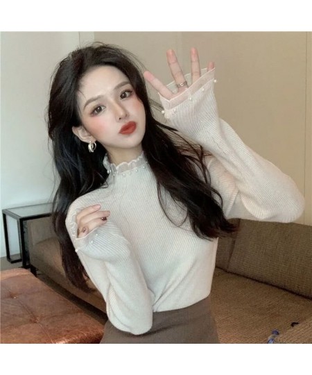 2022 New Spring Pearl Lace Sweaters Women Patchwork Long Sleeve Knitted Pullovers Korean Fashion Slim Fit Tops Mujer $26.06 -...