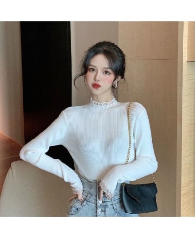 2022 New Spring Pearl Lace Sweaters Women Patchwork Long Sleeve Knitted Pullovers Korean Fashion Slim Fit Tops Mujer $26.06 -...