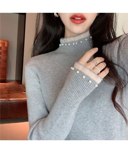 2022 New Spring Pearl Lace Sweaters Women Patchwork Long Sleeve Knitted Pullovers Korean Fashion Slim Fit Tops Mujer $26.06 -...