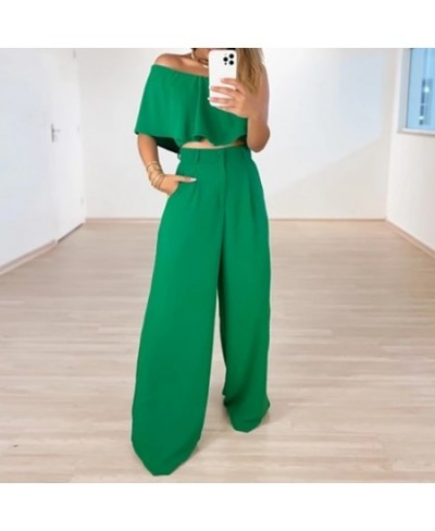 2023 Sexy Skew Collar Ruffle Tube Top+Loose Wide Legs Pants High Streetwear Suits Lady Solid Backless Women Two Piece Set $61...