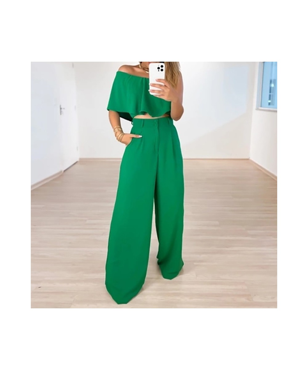 2023 Sexy Skew Collar Ruffle Tube Top+Loose Wide Legs Pants High Streetwear Suits Lady Solid Backless Women Two Piece Set $61...