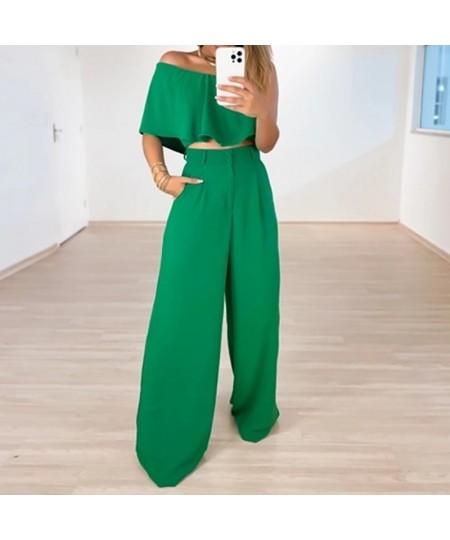 2023 Sexy Skew Collar Ruffle Tube Top+Loose Wide Legs Pants High Streetwear Suits Lady Solid Backless Women Two Piece Set $61...