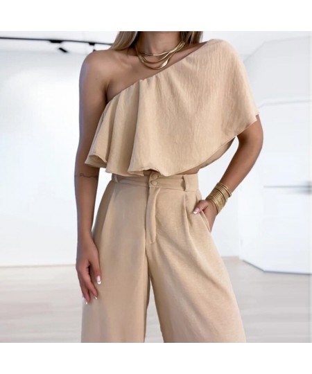 2023 Sexy Skew Collar Ruffle Tube Top+Loose Wide Legs Pants High Streetwear Suits Lady Solid Backless Women Two Piece Set $61...