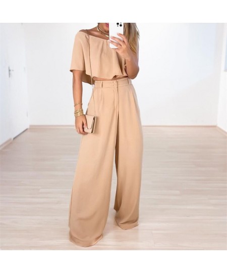 2023 Sexy Skew Collar Ruffle Tube Top+Loose Wide Legs Pants High Streetwear Suits Lady Solid Backless Women Two Piece Set $61...