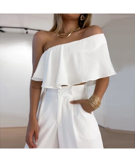 2023 Sexy Skew Collar Ruffle Tube Top+Loose Wide Legs Pants High Streetwear Suits Lady Solid Backless Women Two Piece Set $61...